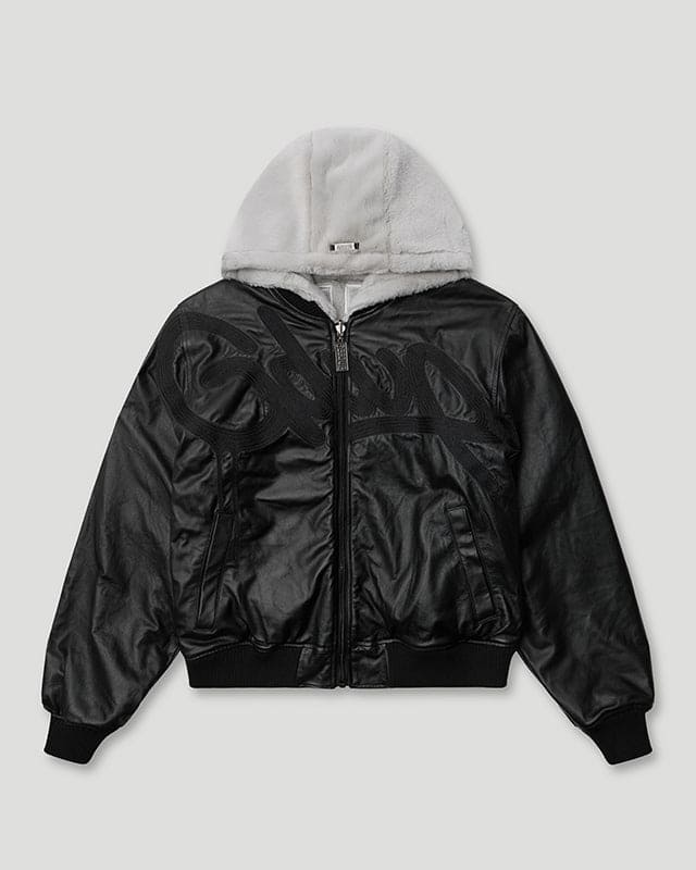 Geedup DEL 05 Handstyle Team Logo Reversible Leather Faux Fur Jacket in side one – front view.